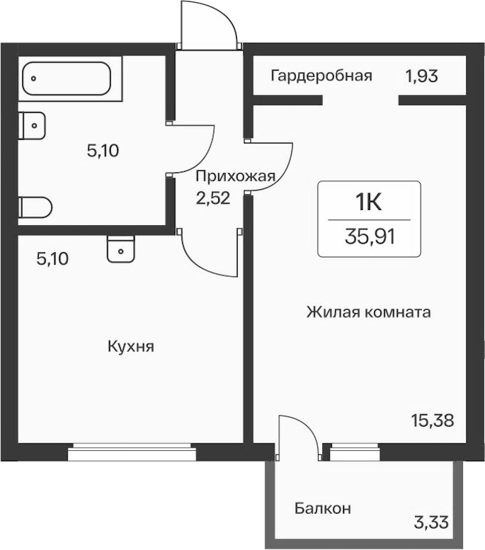 1-комнатная квартира 35.91 м², 11/11 эт., ЖК «Расцветай в Янино»